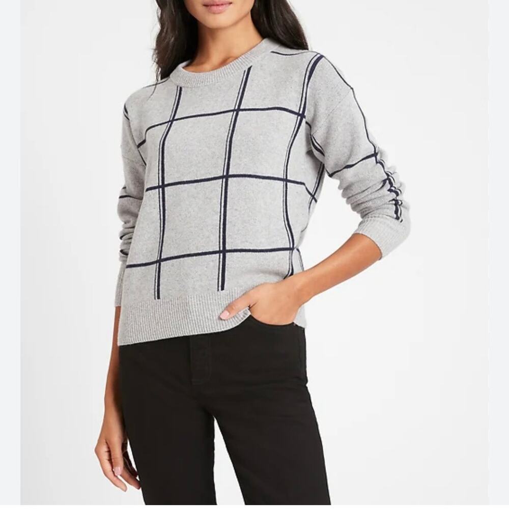 Banana Republic Wool Cashmere Sweater Crewneck Gray Navy Checked Plaid Medium